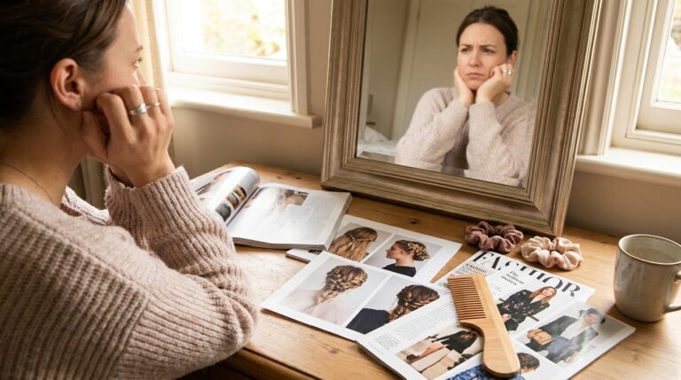 Woman sitting at a vanity table looking thoughtfully at her mirror reflection surrounded by hairstyle inspiration images considering which haircut suits her heart shaped face