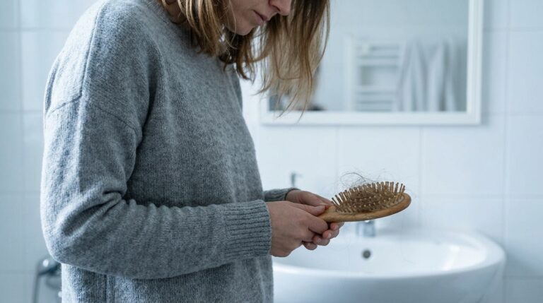 Woman standing in a bathroom holding a hairbrush filled with broken hair strands with a frustrated and defeated posture