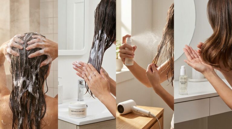 Four panel wide format collage showing a woman applying shampoo hair mask heat protectant and serum in the correct left to right product application order