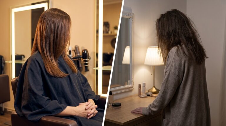 plit image showing freshly styled hair in a salon on the left compared to flat frizzy hair at a bedroom dressing table on the right